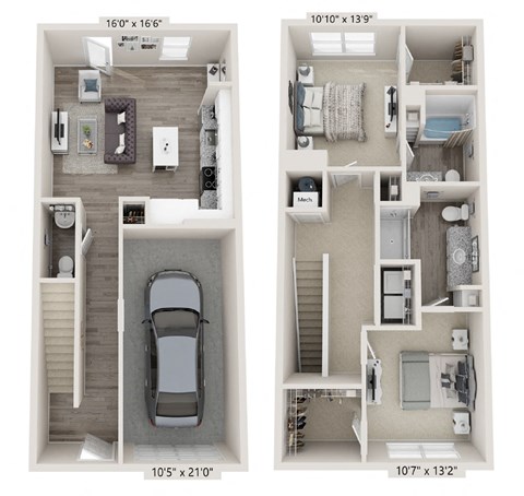 a floor plan of two apartments with a car in the garage and a staircase leading up to